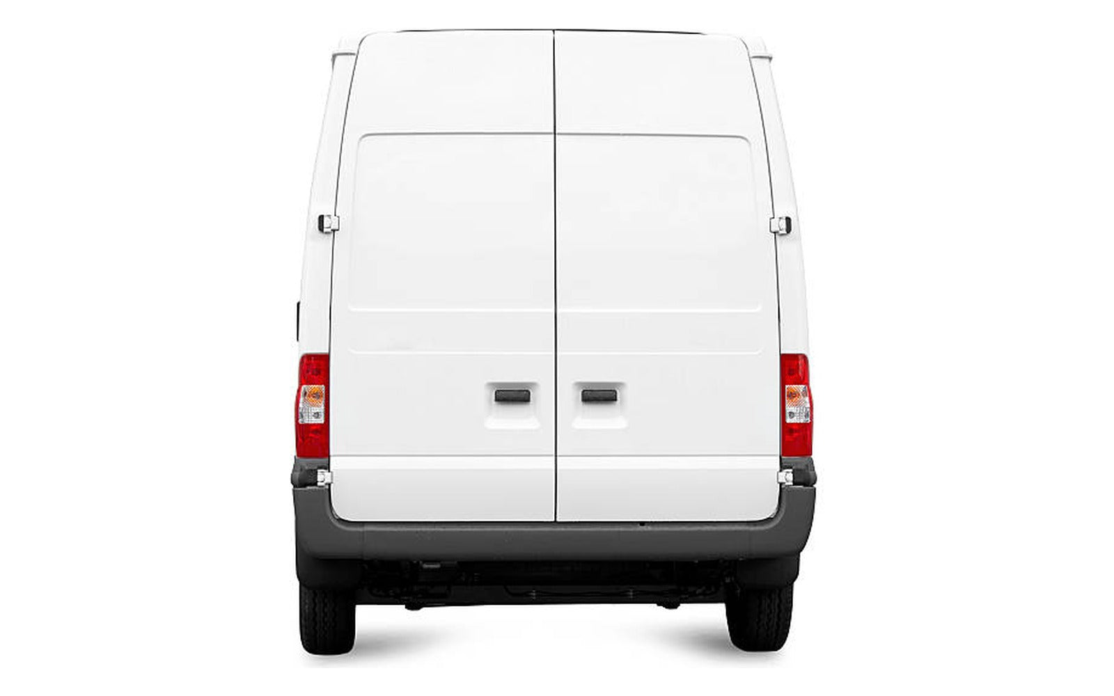 Straight-on rear view of a white cargo van